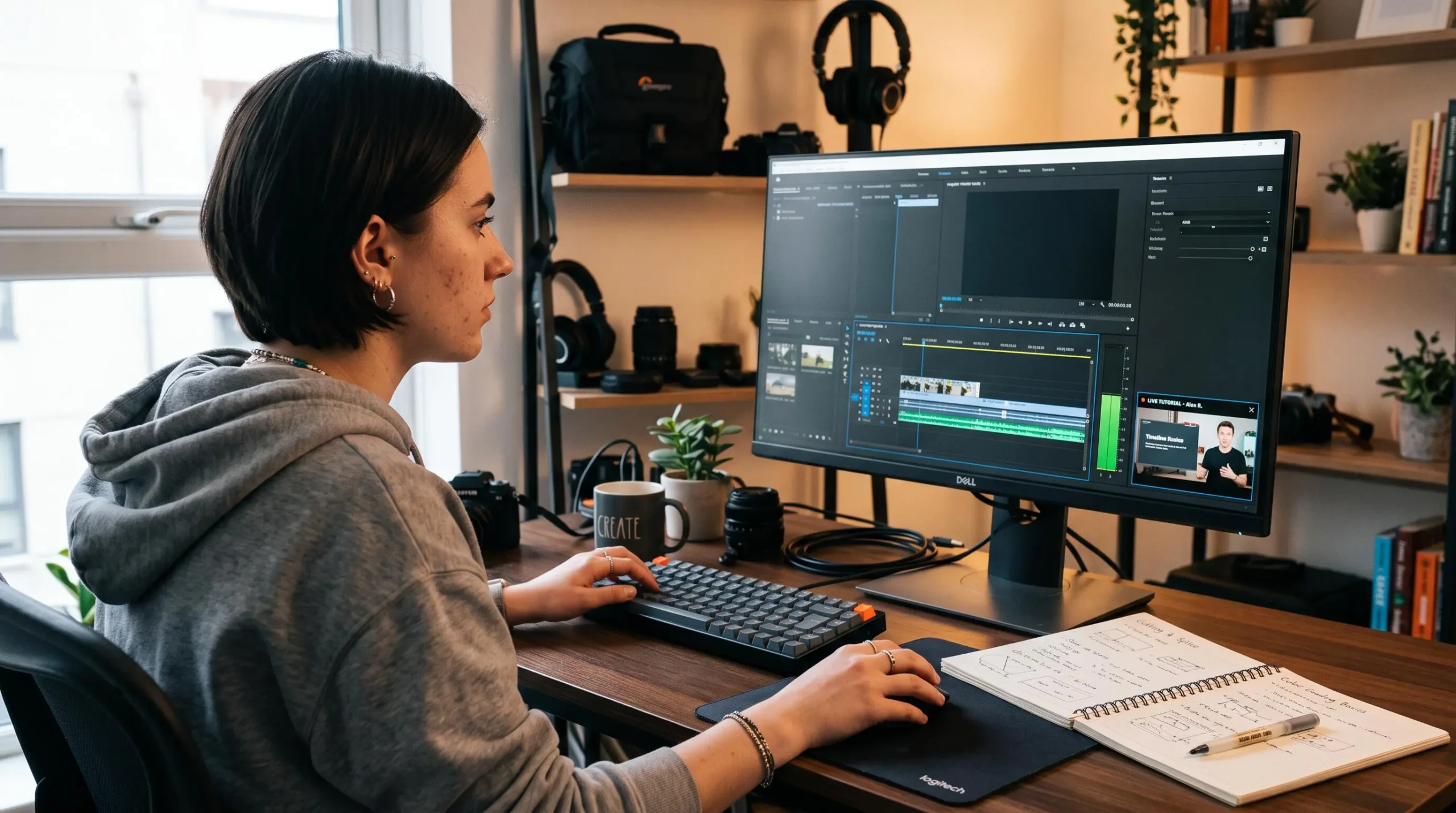 Un apprenant débutant suit une formation en ligne de montage vidéo devant un écran affichant une timeline de montage, dans un espace de travail à domicile.