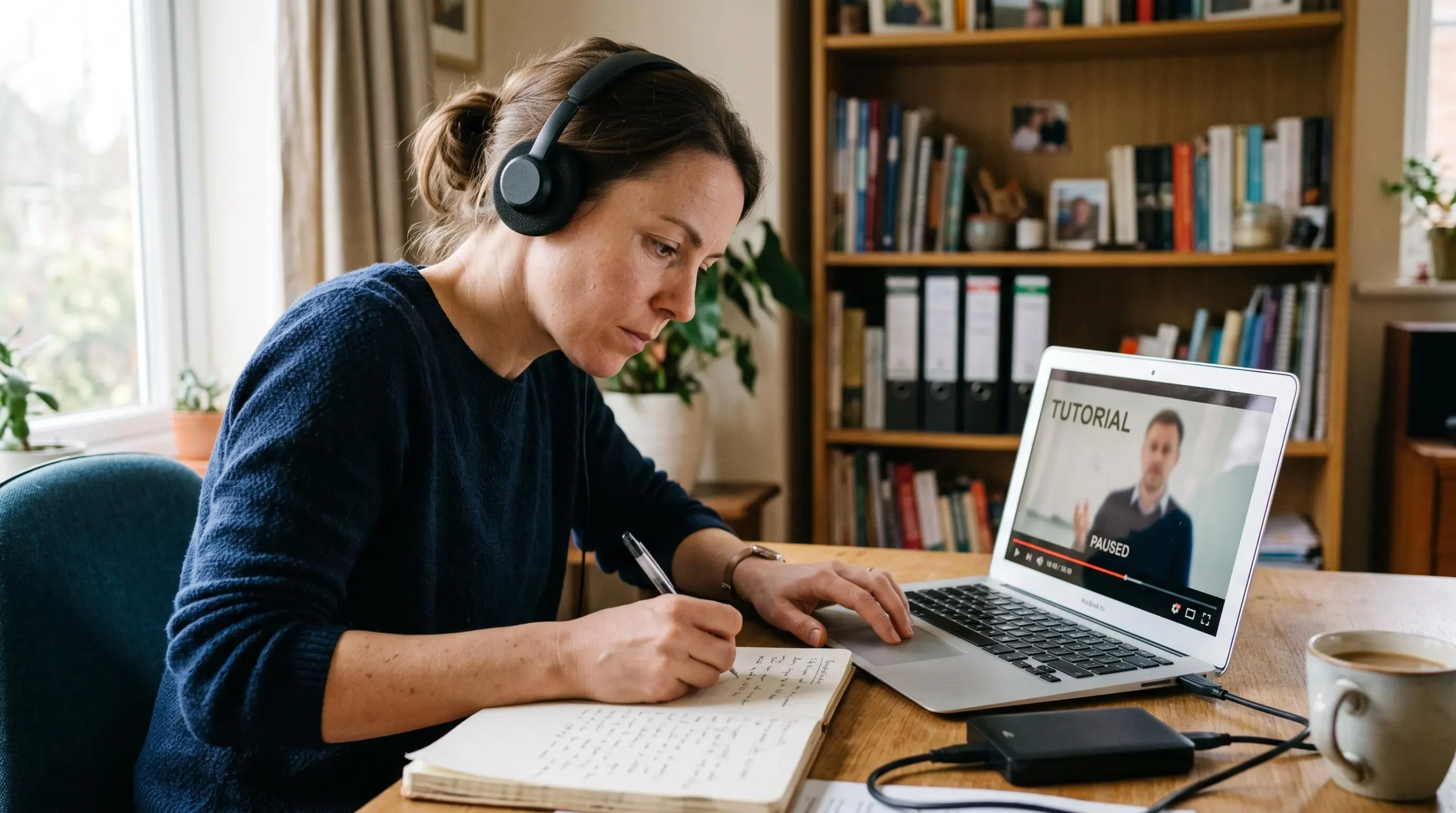Un étudiant porte un casque audio et prend des notes pendant une formation vidéo en ligne visionnée sur un ordinateur portable à domicile.