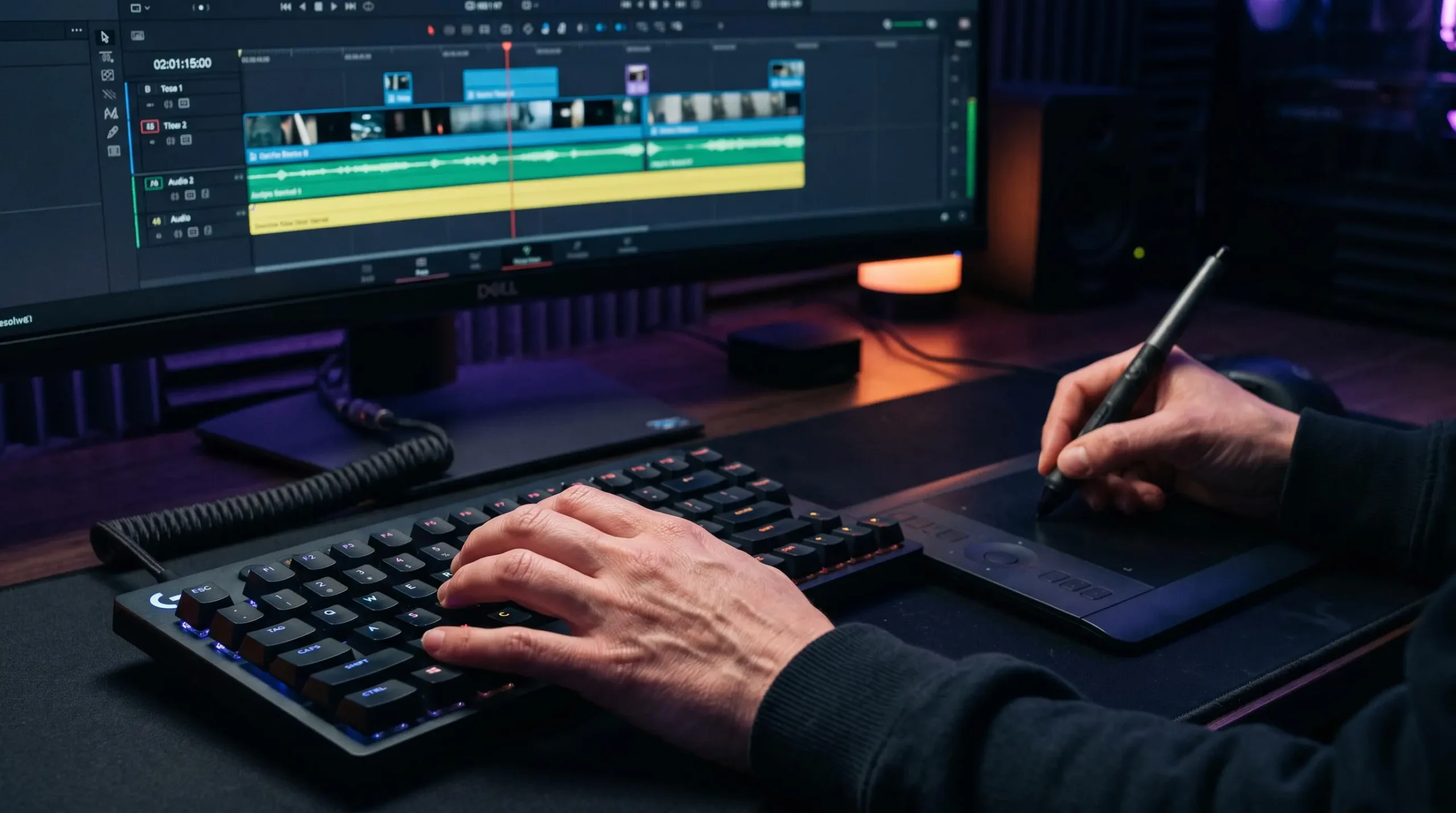 Gros plan sur les mains d'un monteur vidéo utilisant un clavier rétroéclairé et une tablette graphique devant une timeline de montage affichée à l'écran.